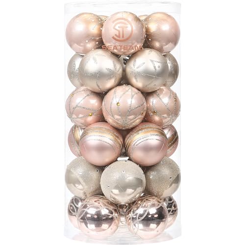 Sea Team 60mm/2.36' Delicate Contrast Color Theme Painting & Glittering Christmas Tree Pendants Decorative Hanging Christmas Baubles Balls Ornaments Set - 30 Pieces (Rose Gold & Champagne)