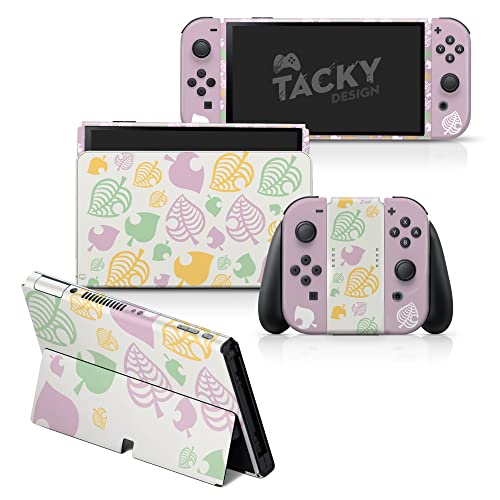 Tacky Design Leaves skin Compatible with Nintendo Switch OLED Skin - Premium Vinyl 3M cute Pastel Stickers set - Compatible with Nintendo Switch OLED Skin Joy Con, Console, Dock Wrap - Decal Full Wrap