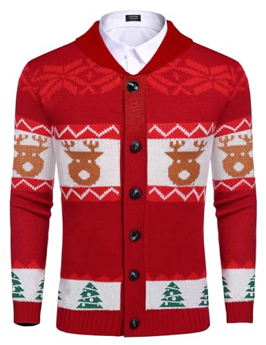 COOFANDY Ugly Christmas Sweater Men Red Reindeers Cardigans Winter Knitwear (Pattern5 XL)
