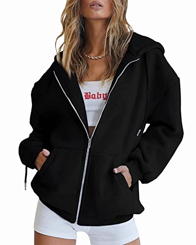 Trendy Queen Hoodies for Women Fall Clothes 2023 Zip up Oversized Sweatshirt Fleece Jackets Long Sleeve Comfy Winter Clothes Teen Girls Fashion Cute Y2K Clothing Black