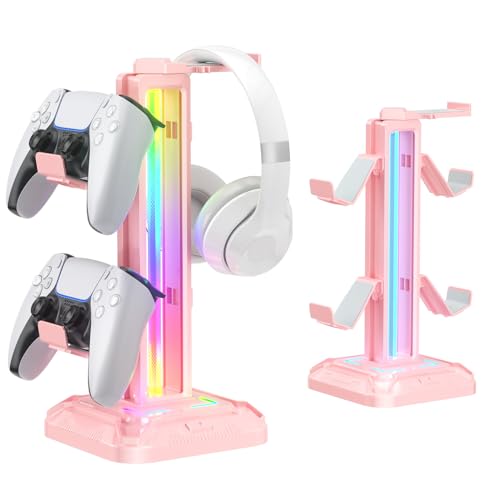 KDD RGB Headset Stand with 9 Light Modes - Controller Holder for Desk - Rotatable Headphone Stand & Detachable Controller Hook for PC Earphone Accessories(Pink)