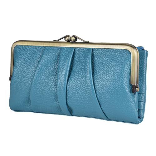 EASTNIGHTS Rfid Blocking Wallets for Women Leather Clutch Wallet Bifold Credit Card Holder Ladies Coin Purse with Zipper and Kiss Lock (Blue)