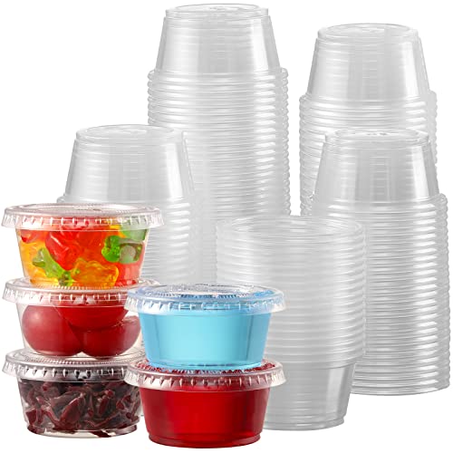 [130 Sets - 2 Oz ] Jello Shot Cups, Small Plastic Containers with Lids, Airtight and Stackable Portion Cups, Salad Dressing / Dipping Sauce Cups, Condiment Cups for Lunch, Party to Go, Trips