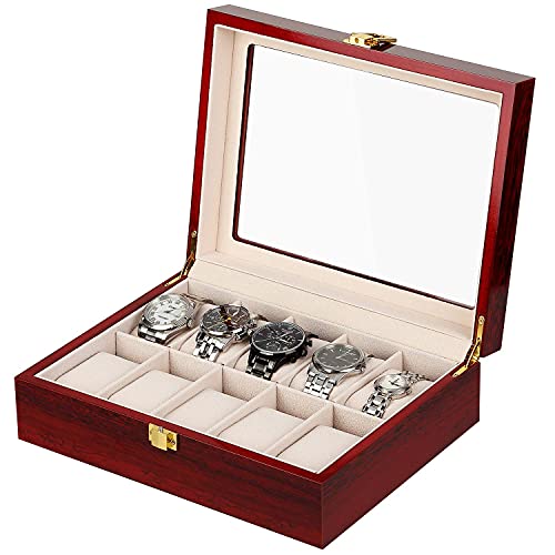 Uten Watch Box, 10 Slots Wooden Watch Case with Removable Watch Pillow, Metal Clasp Watch Display, Watch Box Organizer for Men and Women
