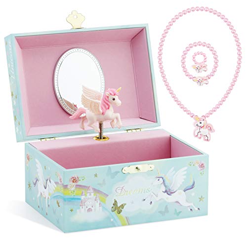 RR ROUND RICH DESIGN Musical Jewelry Glitter Storage Box and Jewelry Set for Little Girls with Spinning Unicorn and Rainbow - Blue Danube Tune Blue