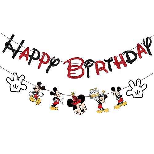 Black and Red Happy Birthday Banner, Mouse Birthday Party Decorations Mouse and Friends Birthday Decorations for Boys 1st 2nd 3rd Birthday Party Baby Shower Decorations