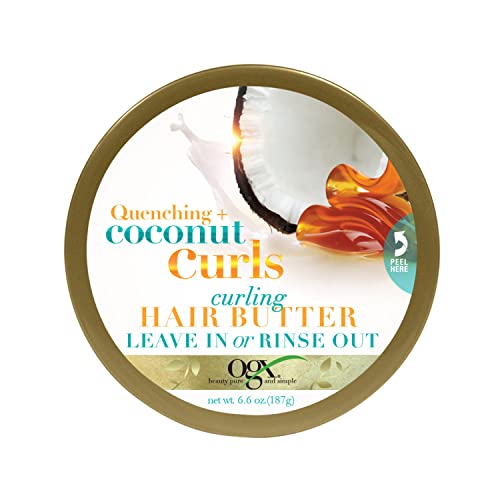 OGX Quenching + Coconut Curls Curling Hair Butter, Deep Moisture Leave-In Hair Mask & Treatment with Coconut Oil, Citrus Oil & Honey, Paraben-Free and Sulfated-Surfactants Free, 6.6 oz