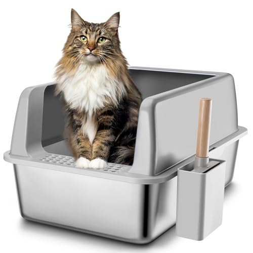 FLARUZIY Stainless Steel Litter Box with Lid, XL Extra Large Cat Litter Box Enclosure for Big Cats with High Sides and Scoop, Easy Clean Metal Litter Pan, Non-Stick Cat Toilet, Anti-Leakage, No Smell