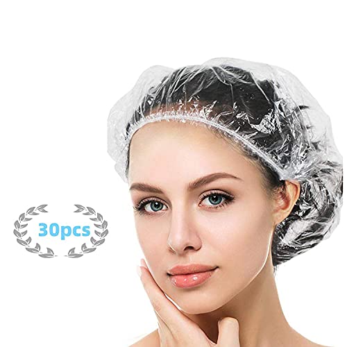 YIZIJIZI 30PCS Disposable Shower Caps, Large Thick Clear Waterproof Shower Cap for Women, large Size 20.5', Home Use, Spa, Hotel and Hair Salon, Clear Shower Caps for Travel
