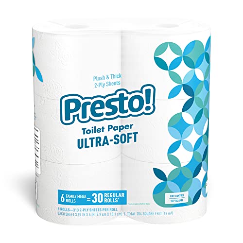 Amazon Brand - Presto! 2-Ply Ultra-Soft Toilet Paper, 6 Family Mega Rolls = 30 regular rolls, 1878 Count (6 roll of 313 sheets), Unscented, White