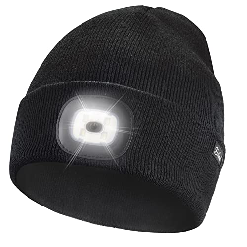 Etsfmoa Unisex Beanie with The Light Gifts for Men Dad Father USB Rechargeable Caps Black