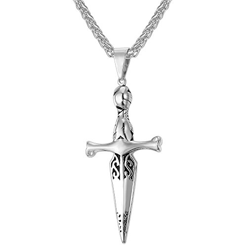 U7 Cool Vintage Sword Necklace Cross Pendant - Stainless Steel Chain 22+2 Inches for Men