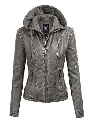 Lock and Love LL WJC1044 Womens Faux Leather Quilted Motorcycle Jacket with Hoodie XL Grey