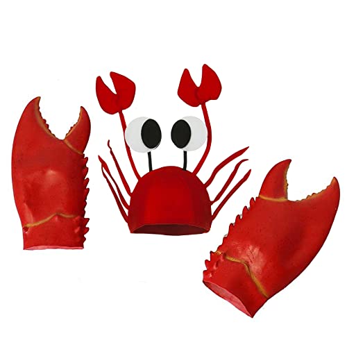 Funny Party Hat Headpiece with Antenna & Crab Crayfish Claws Gloves Hat Cap Mitt Kit - Crab Crawfish Costume Accessories Set Red, One Size (Crab Hat & Lobster Claws)