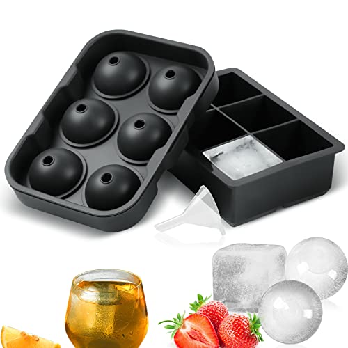 ALLTOP Ice Cube Trays(Set of 2),Sphere Mold with Lid & Large Square Ice Maker for Whiskey, Cocktails,Reusable Round Silicone Tools, DIY,Freezer-Black