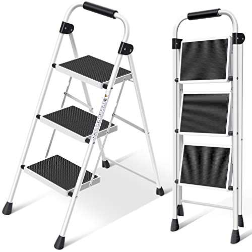 KINGRACK Step Ladder 3 Step Folding with with Anti-Slip and Wide Pedal,Portable Foldable,Tall Sturdy Step Ladder with Handgrip for Home Kitchen Household,White