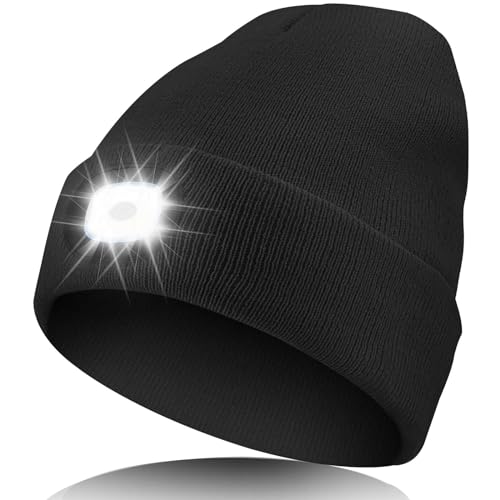 Unisex LED Beanie Hat with Light, USB Rechargeable Headlamp Beanie, Birthday Gifts for Women Men Him Boyfriend Black