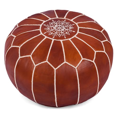 Marrakesh Gallery Genuine Leather Round Pouf Unstuffed - Moroccan Ottoman Footstool, Footrest Cover - Boho Decor - Bohemian Living Room, Bedroom, Kids Room, Gift & Wedding (Dark Brown)