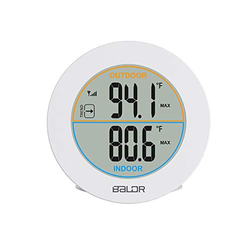 BALDR Wireless Indoor/Outdoor Thermometer - Surface or Wall Mounted Temperature Monitor, 2.5” LCD Display Thermometer with Min/Max Records & Trend Arrows Sign - Portable Home Weather Station (White)