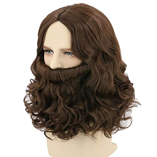 LeMarnia Wizard Wig and Beard Set Brown Short Curly Hair for Cosplay Bible Jesus Men's Halloween Costume Wig