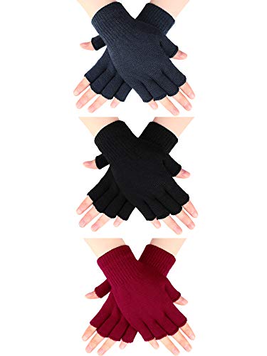 SATINIOR 3 Pairs Women Fingerless Gloves Winter Half Finger Knit Gloves for Women Men(Black, Dark Grey and Dark)