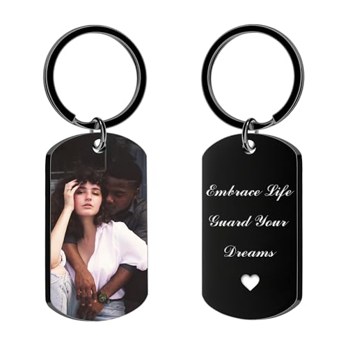 Personalized Key Chains with Picture: Engraved Text Photo Tags KeyChain Anniversary Birthday Gifts for Boyfriend Dad Family (Black)