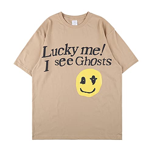 Men Lucky Me I See Ghosts Trendy Hip Hop Heavyweight Tshirts Letter Shirt Khaki
