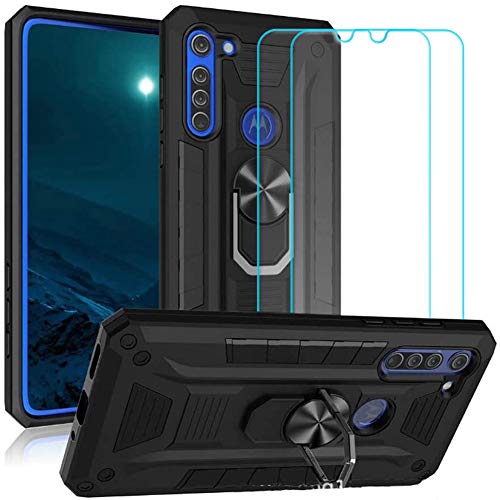 Ytaland for ZTE Blade A5 2020 Case,with 2 x Tempered Glass Screen Protector. (3 in 1) Shockproof Bumper Defender Protective Phone Cover with Ring Kickstand (Black)