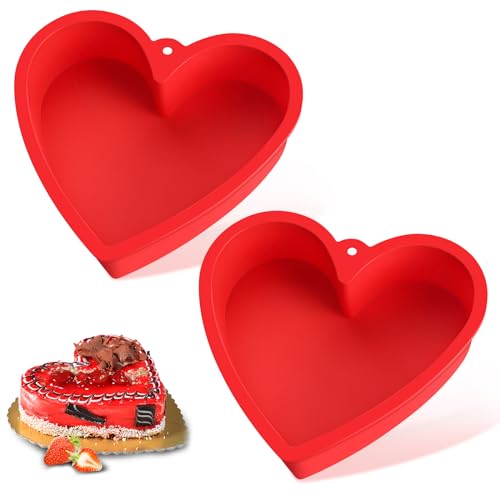 WLMCDH Heart Shaped Cake Pans 10 Inch 2pcs,Nonstick Silicone Heart Cake Mold,Reusable Baking Tins Brownie Pans,Heart Cake Pan Set for Valentine's Day(Red)