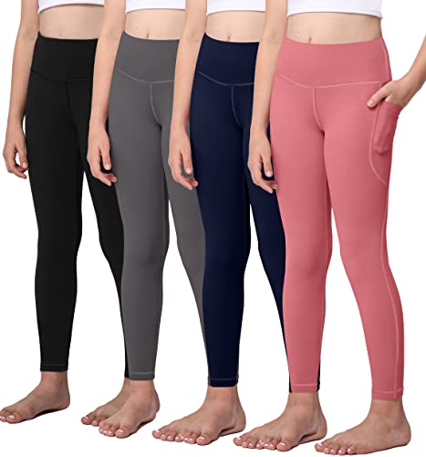 AENLLEY Yoga Active Leggings for Girls with 2 Pockets - Kids Workout Yoga Pants for Athletic (Pack of 4)