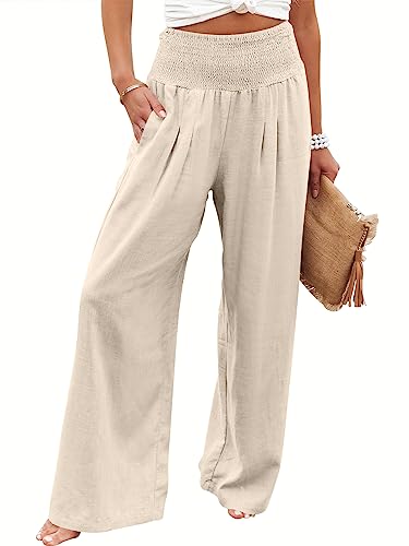 ANRABESS Women Linen Palazzo Pants Summer Wide Leg High Waist Boho Casual Lounge Pant Trousers with Pockets 1091Mise-M Beige