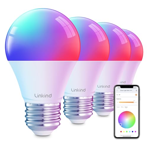 Linkind Smart Light Bulbs, Smart Bulb That Work with Alexa & Google Home, LED Light Bulbs Color Changing, 64 Preset Scenes, Music Sync, A19 E26 2.4GHz RGBTW WiFi Bluetooth Light Bulb 60W, 800LM, 4Pack