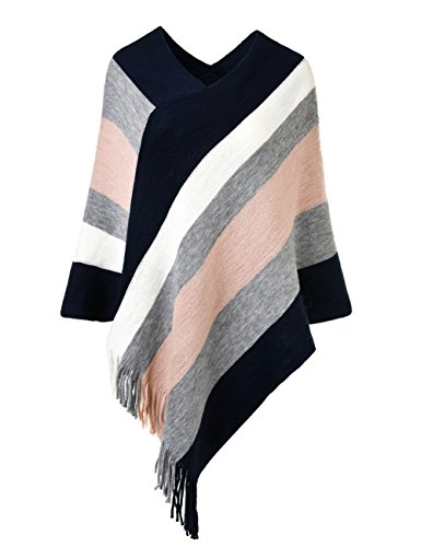 Ferand Women's Casual Striped Poncho Sweater Versatile Fringe Shawl Wrap, One Size, Navy blue & Pink