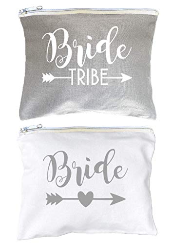AMERIBA 12 PIECE SET + 1 BRIDE BAG Premium XL Natural Cotton Canvas Makeup Clutch | Bridesmaid Gift for the Bachelorette Party or Bridal Shower | Designed in the USA (White & Gray)