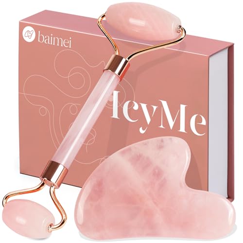 BAIMEI IcyMe Jade Roller & Gua Sha, Face Roller Redness Reducing Skin Care Tools, Self Care Pink Gift for Men Women, Massager for Face, Eyes, Neck, Relieve Fine Lines and Wrinkles - Rose Quartz