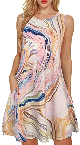 elescat Tie Dye Dresses for Women Summer Beach Sleeveless Sundress Pockets Swing Casual Loose Tshirt Dress(Pink Col,XL)