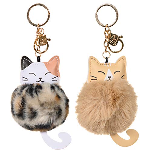 Dreams and Whispers Faux Fur Ball Pom Pom Key Chain Ring for Women Girls Bag Pendant (Calico and Cinnamon Cat)