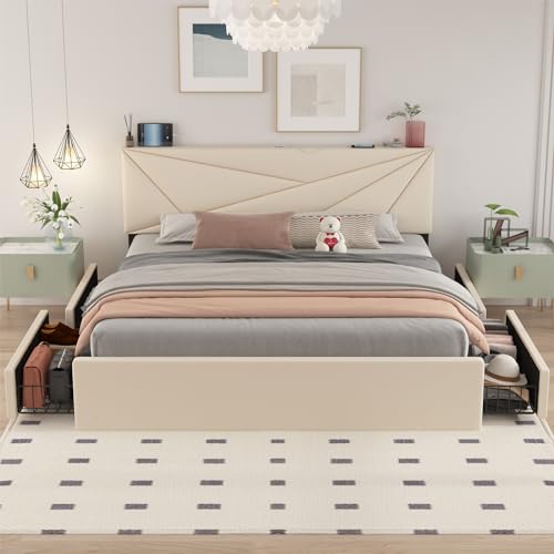 LoVinson Queen Bed Frame with 4 Storage Drawers and Charging Station, Upholstered Bed Frame Platform Adjustable Headboard Wooden Slats Support, No Box Spring Needed, Beige