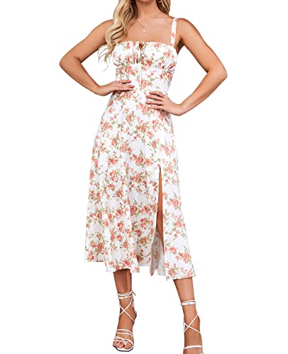 Floral Midi Corset Dress Boho Flowy Slit Lace Up Dresses for Women Going Out A Line Casual Sundress Rose