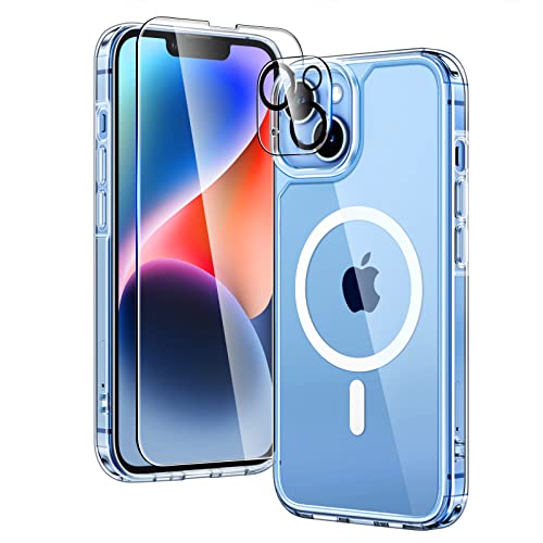 TAURI 5-in-1 Magnetic for iPhone 13 Case for iPhone 14 Case [Designed for Magsafe], with 2X Screen Protectors +2X Camera Lens Protectors, [Not-Yellowing] Phone Case, Clear