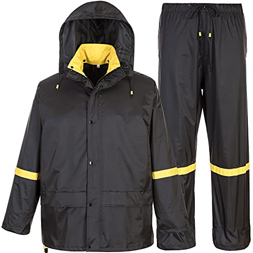 EI Sonador Classic Rain Suits for Men Breathable Rain Gear for Waterproof Work, Hooded Coats Jacket and Pants (Black & Yellow, L)