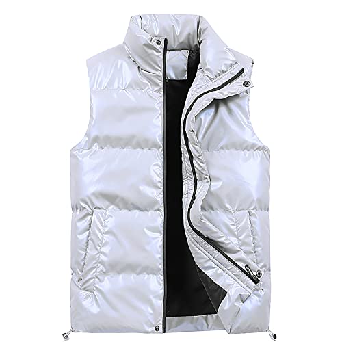 WENKOMG1 Mens Shinning Puffer Vest,Sleeveless Winter Fall Reflective Padded Down Outerwear Lightweight Packable Vest,Oversized Cable Knit Sweater Plus Size Women Dog Winter Coat(White,X-Large)