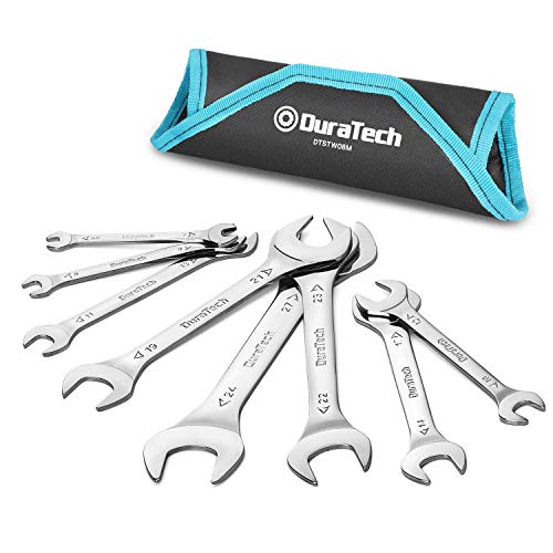 DURATECH Super-Thin Open End Wrench Set, Metric, 8-Piece, Including 5.5, 7, 8, 9, 10, 11, 12, 13, 14, 17, 19, 21, 22, 23, 24, 27 mm, Slim Spanner Set with Rolling Pouch