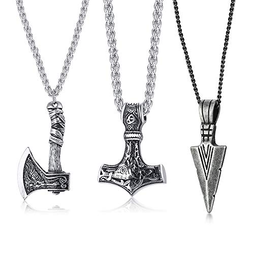 VNOX 3 Pcs Norse Viking Necklace for Men Thors Hammer Norse Mjolnir Amulet Pendant Necklace with Spearpoint Arrowhead Necklace,Viking Necklace for Men