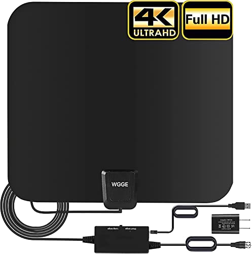 WGGE Amplified HD Digital TV Antenna Long Range 300+ Miles -Support 4K 1080p Fire tv Stick and All Older TV's Indoor Professinal Smart Switch Amplifier Signal Booster - 17ft Coax Cable/AC Adapter