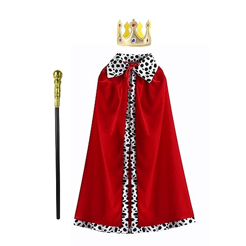 CLOOOUDS King Costume Set Red Cloak Golden Crown And Scepter Set Prince Capes Halloween Costume For Kids Teen Adult