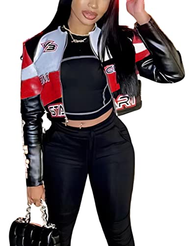 VOIKERDR Zipper Short Bomber Jacket for Women Moto Biker,Faux Leather