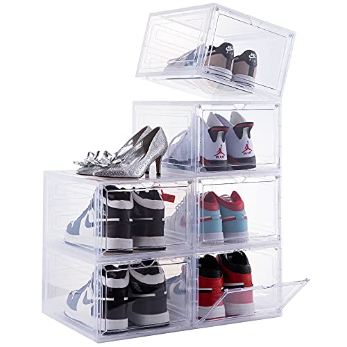 Attelite Drop Front Plastic Shoe Box with Clear Door,Set of 6,Stackable,For Display Sneakers,Easy Assembly,Fit up to US Size 12(13.4”x 10.6”x 7.4”)