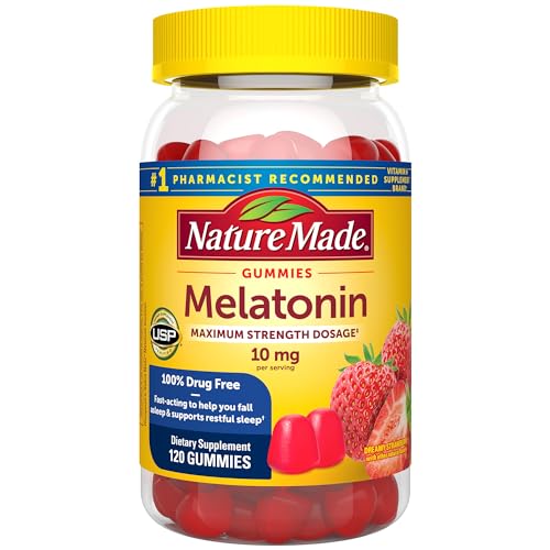 Nature Made Melatonin 10mg per serving Gummies, Maximum Strength Dosage, 100% Drug Free Sleep Aid for Adults, 120 Melatonin Gummies, 60 Day Supply