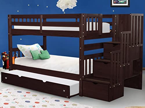 Bedz King Stairway Bunk Beds Twin over Twin with 3 Drawers in the Steps and a Twin Trundle, Dark Cherry